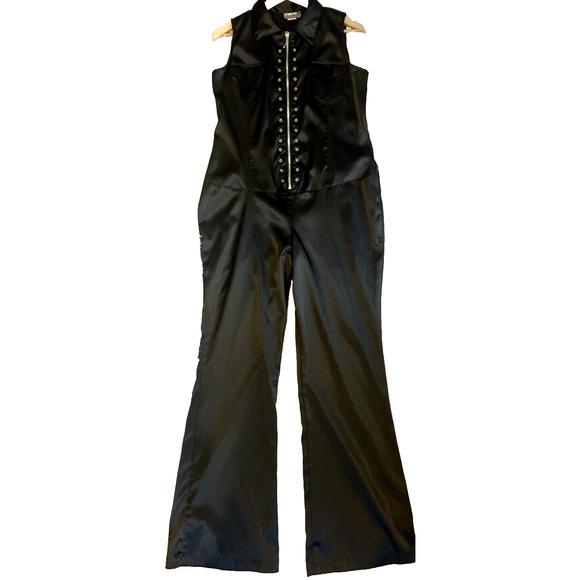 Vintage Y2K Black Satin Goth Jumpsuit Size XL Zip Club Rave Cyber Grunge Punk - Picture 1 of 12